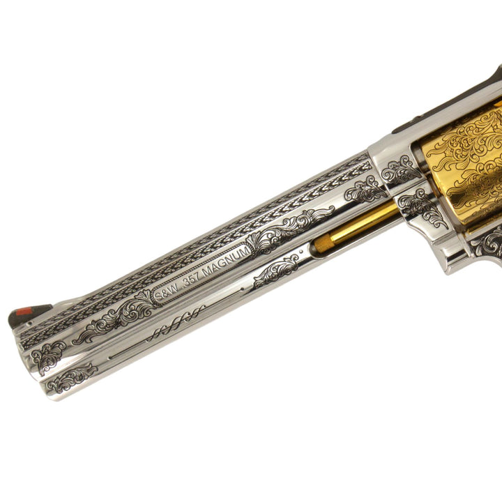 Smith & Wesson The Captain 686 Plus Engraved In High Polish Stainless Steel with 24 karat Gold Accents SKU: 6966492069990, Gold Gun, Gold Firearm, Gold Revolver