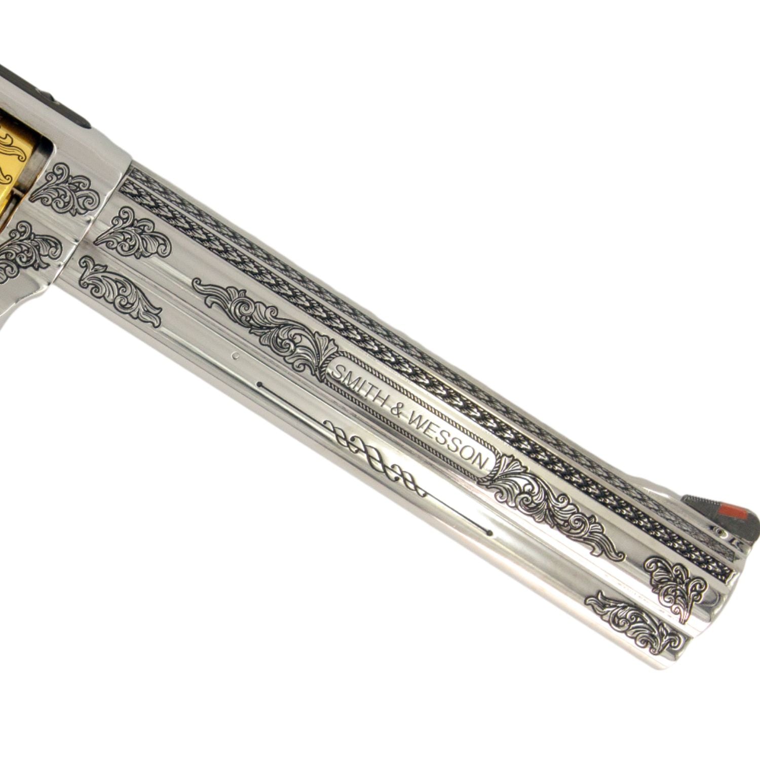 Smith & Wesson The Captain 686 Plus Engraved In High Polish Stainless Steel with 24 karat Gold Accents SKU: 6966492069990, Gold Gun, Gold Firearm, Gold Revolver