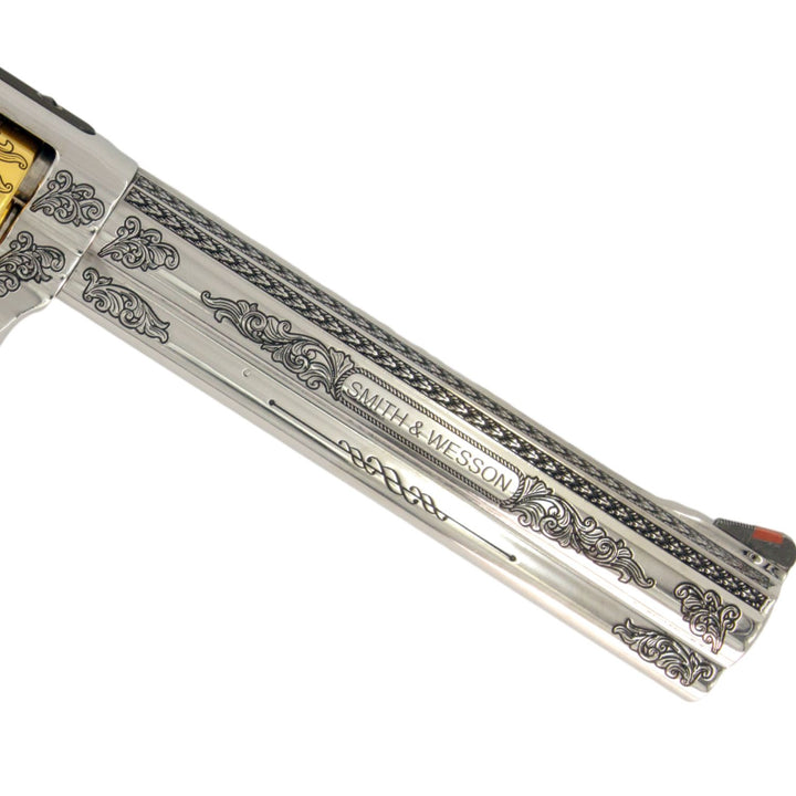 Smith & Wesson The Captain 686 Plus Engraved In High Polish Stainless Steel with 24 karat Gold Accents SKU: 6966492069990, Gold Gun, Gold Firearm, Gold Revolver