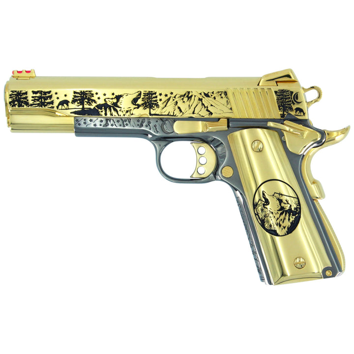 Colt 1911 Competition, 45ACP Pistol, Spirit of the Wolf, 24K Gold Plated Slide With a Black Chrome Frame, SKU: 4903288045670