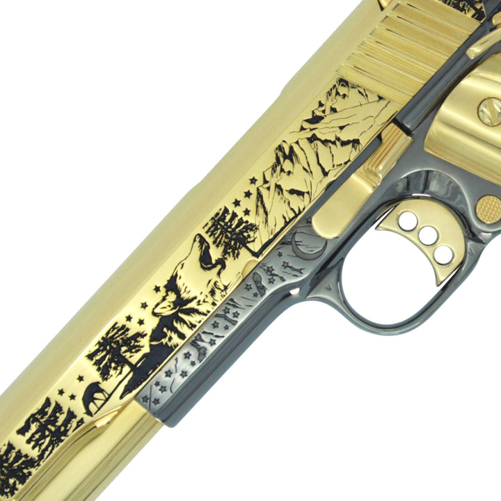 Colt 1911 Competition, 45ACP Pistol, Spirit of the Wolf, 24K Gold Plated Slide With a Black Chrome Frame, SKU: 4903288045670