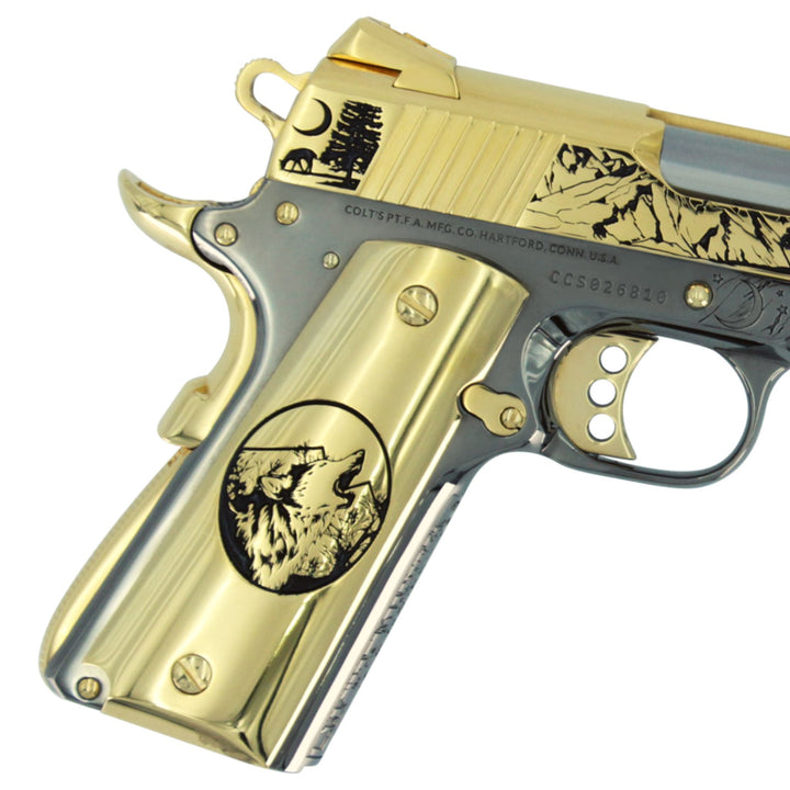 Colt 1911 Competition, 45ACP Pistol, Spirit of the Wolf, 24K Gold Plated Slide With a Black Chrome Frame, SKU: 4903288045670