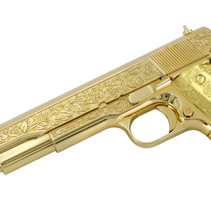 Springfield Armory, 1911 Mil-Spec, 45 ACP, Italian Renaissance, 24K All Gold Plated, SKU: 4375435116646, 24 karat gold gun, 24 Karat Gold Firearm, California compliant handguns