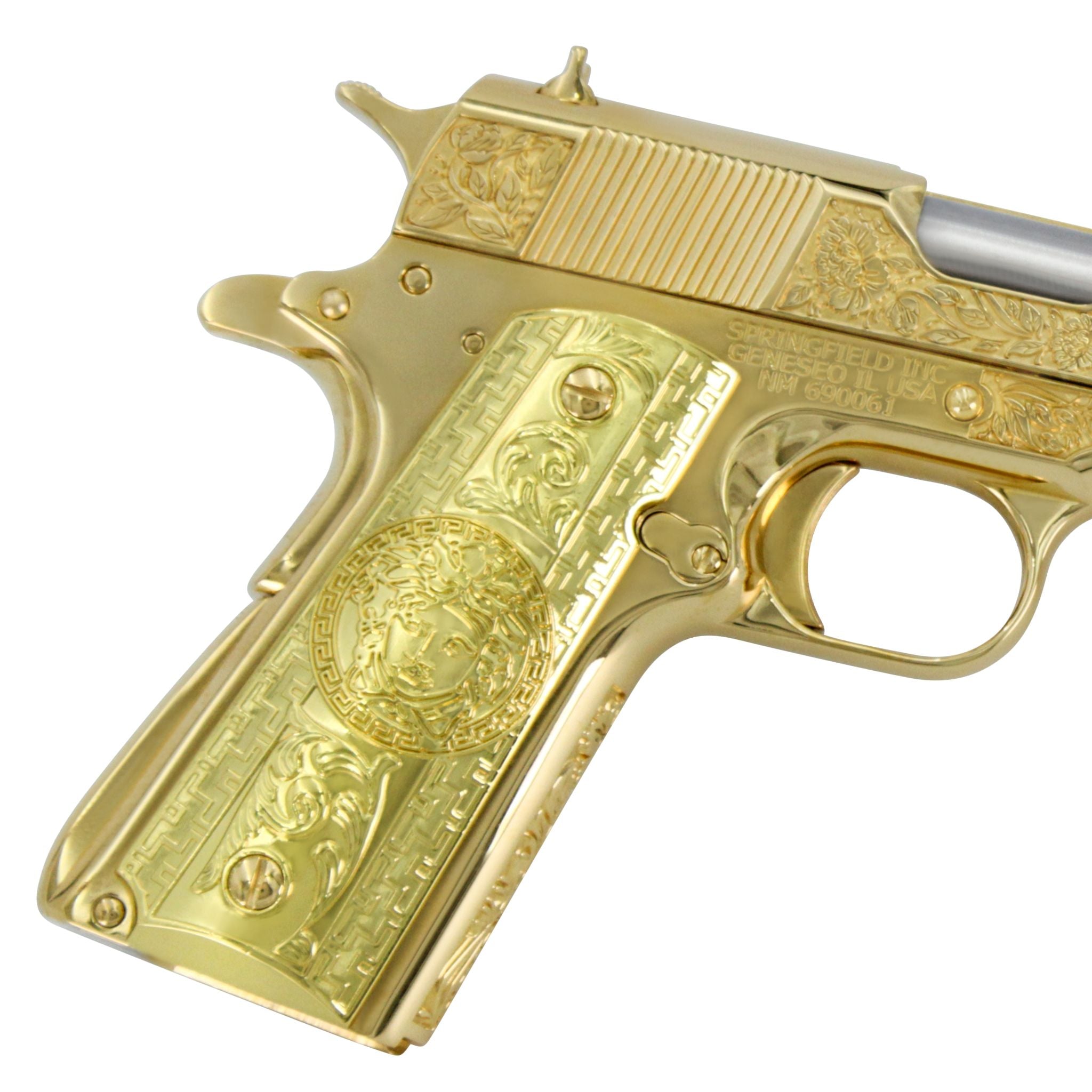 Springfield Armory, 1911 Mil-Spec, 45 ACP, Italian Renaissance, 24K All Gold Plated, SKU: 4375435116646, 24 karat gold gun, 24 Karat Gold Firearm, California compliant handguns