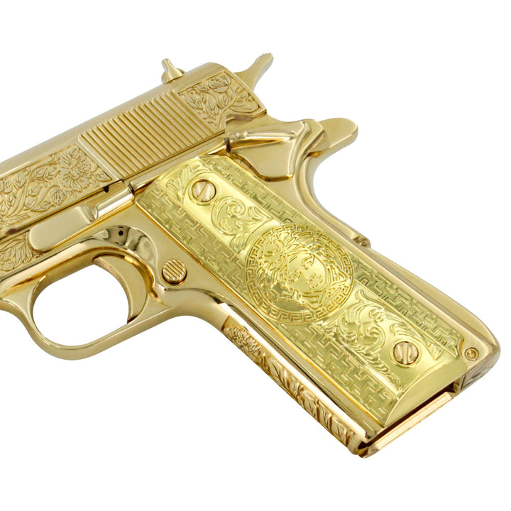 Springfield Armory, 1911 Mil-Spec, 45 ACP, Italian Renaissance, 24K All Gold Plated, SKU: 4375435116646, 24 karat gold gun, 24 Karat Gold Firearm, California compliant handguns