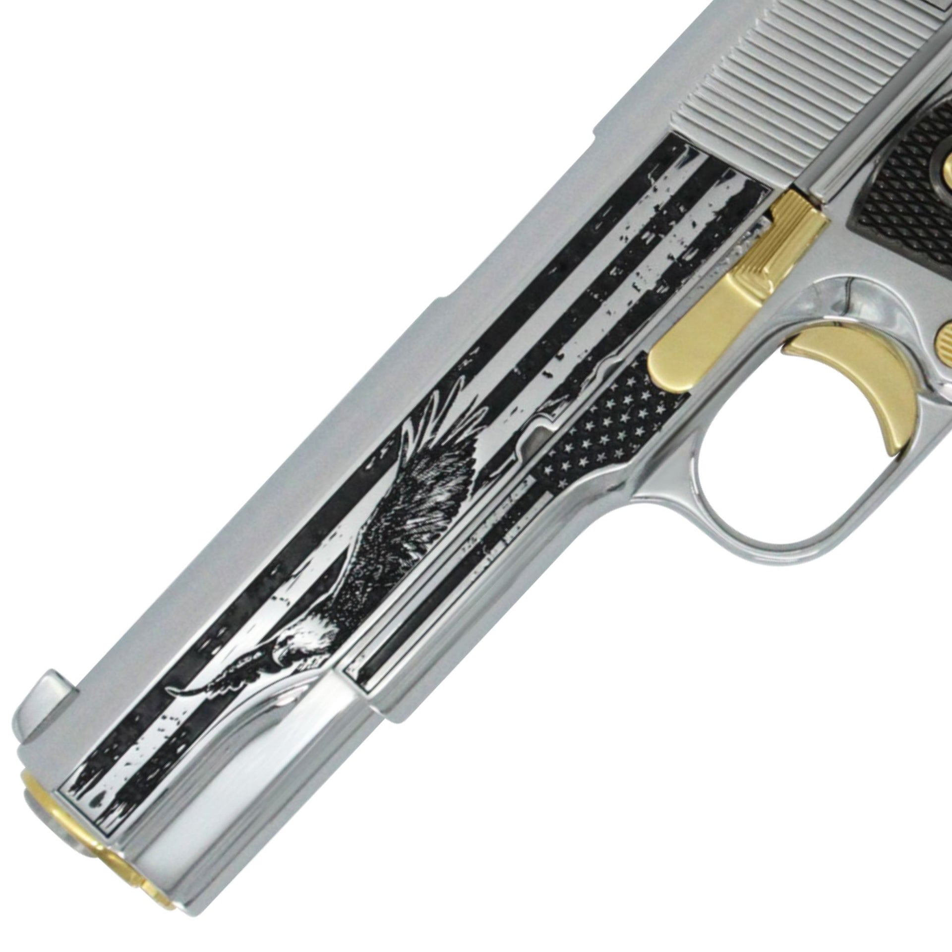 Springfield Armory, 1911 Mil-Spec, 45 ACP, Stars of Glory, High polished stainless steel with 24K Gold Accents, SKU: 6581748826214, 24 karat gold gun, 24 Karat Gold Firearm, California compliant handguns