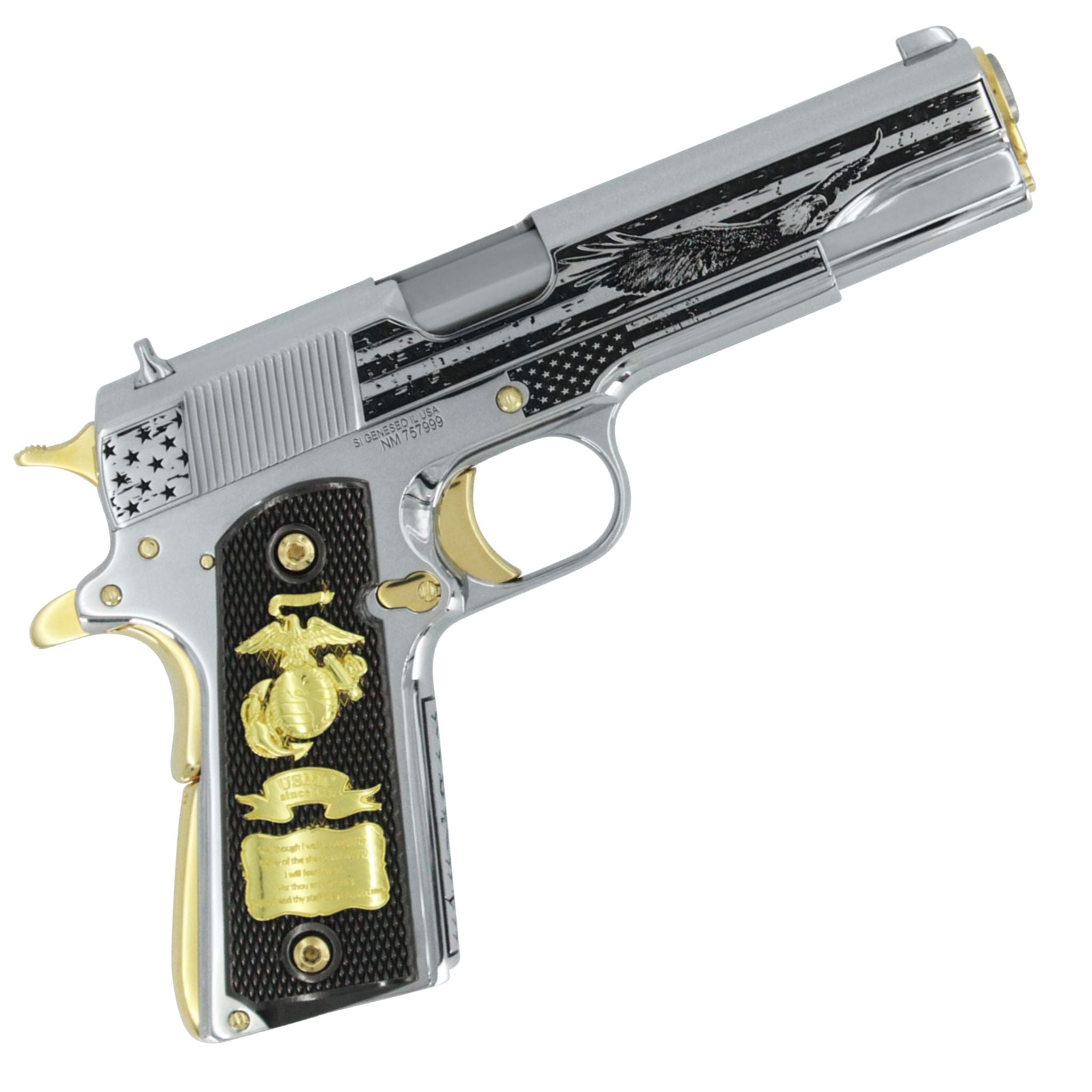 Springfield Armory, 1911 Mil-Spec, 45 ACP, Stars of Glory, High polished stainless steel with 24K Gold Accents, SKU: 6581748826214, 24 karat gold gun, 24 Karat Gold Firearm, California compliant handguns