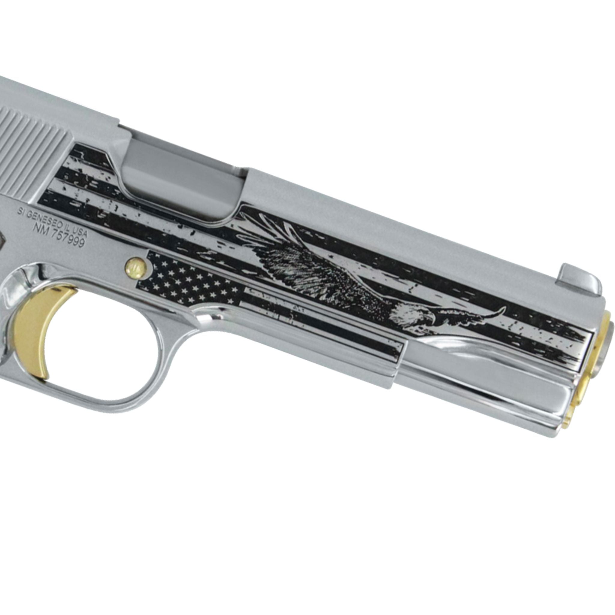 Springfield Armory, 1911 Mil-Spec, 45 ACP, Stars of Glory, High polished stainless steel with 24K Gold Accents, SKU: 6581748826214, 24 karat gold gun, 24 Karat Gold Firearm, California compliant handguns