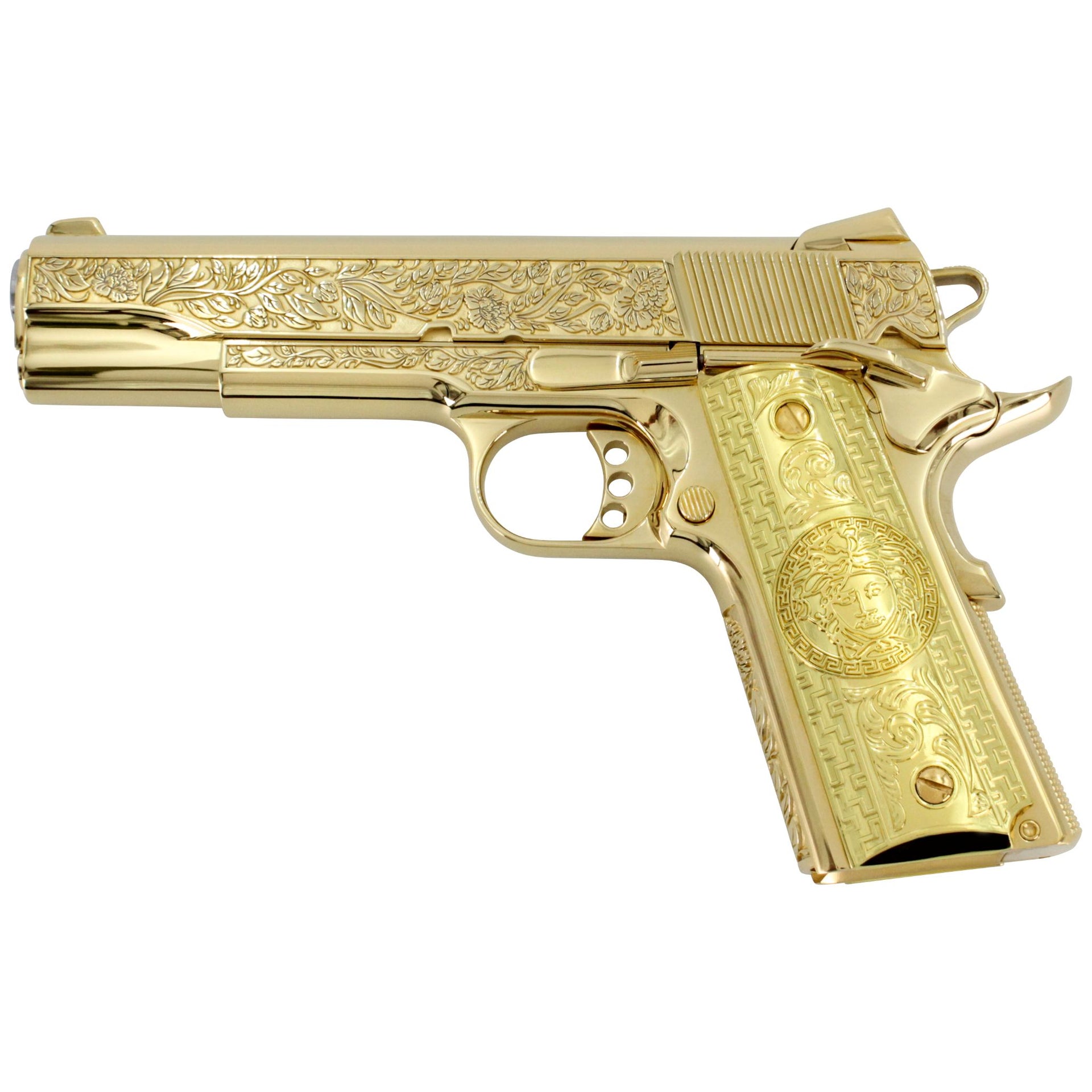Springfield Armory Garrison 1911, 45 ACP, Italian Renaissance, 24kt Gold, SKU: 6712956747878, 24 karat gold gun, 24 Karat Gold Firearm