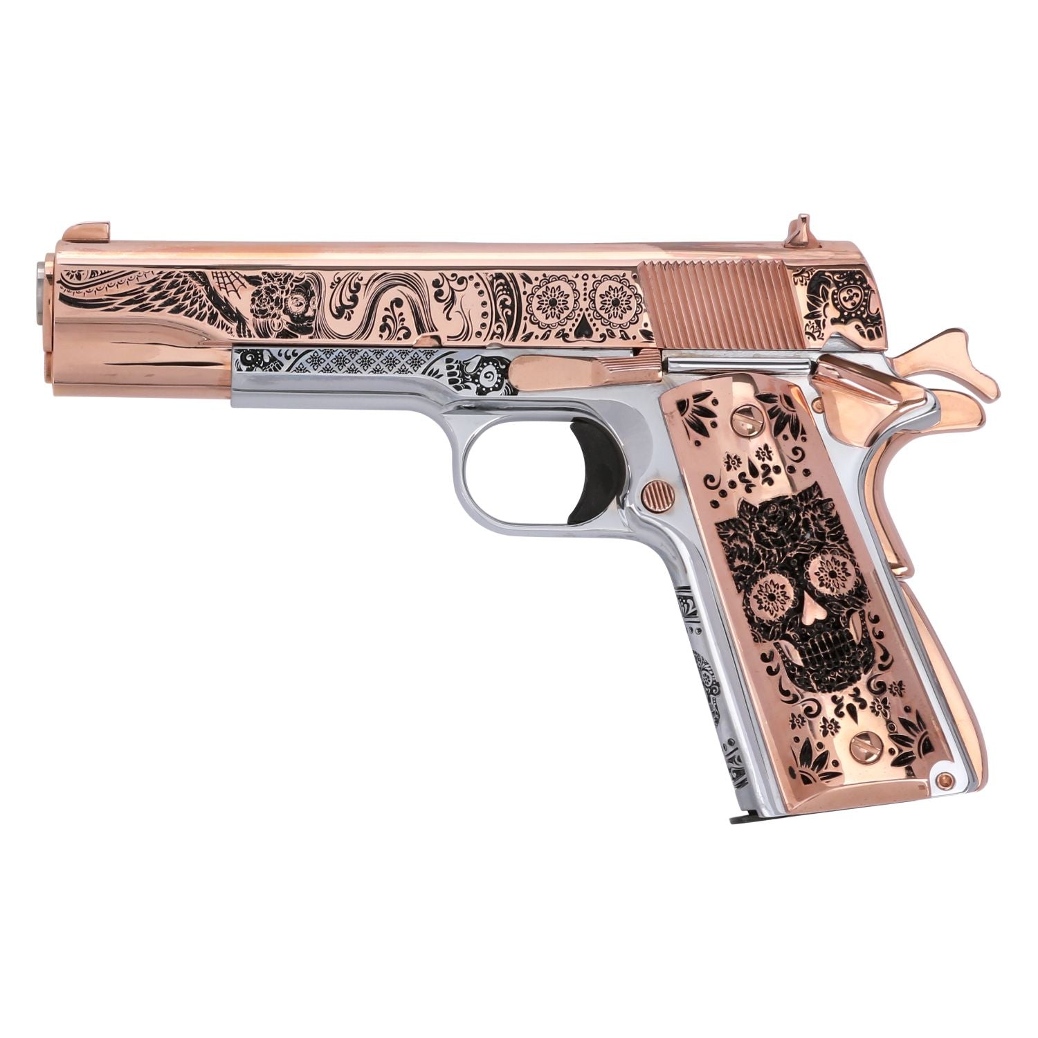 Springfield 1911 Mil-Spec .45 ACP Catrina 18 karat Rose Gold Pistol, SKU: 6966549938278, 18 karat  Rose gold gun, 18 Karat Gold Firearm, California compliant handguns