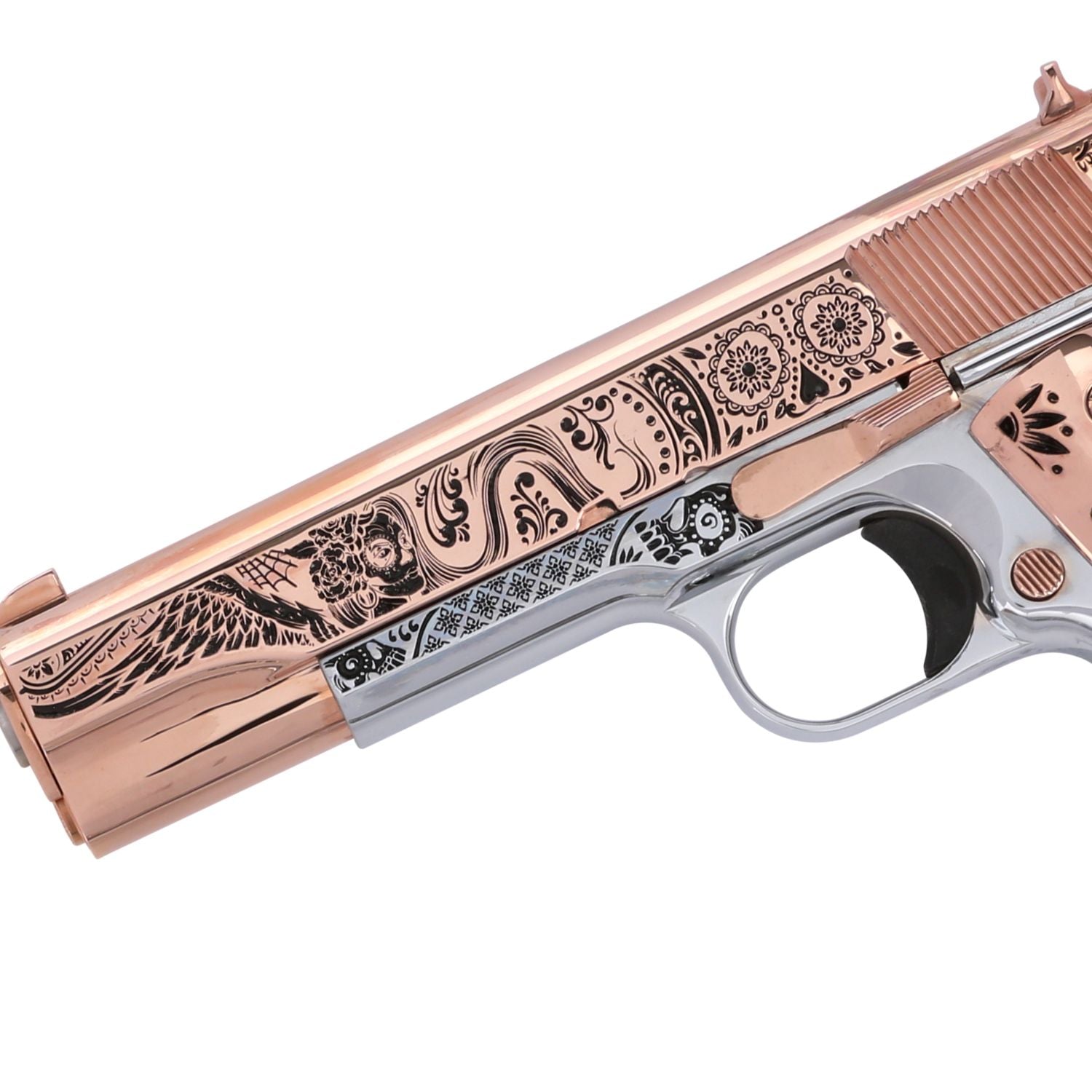 Springfield 1911 Mil-Spec .45 ACP Catrina 18 karat Rose Gold Pistol, SKU: 6966549938278, 18 karat  Rose gold gun, 18 Karat Gold Firearm, California compliant handguns