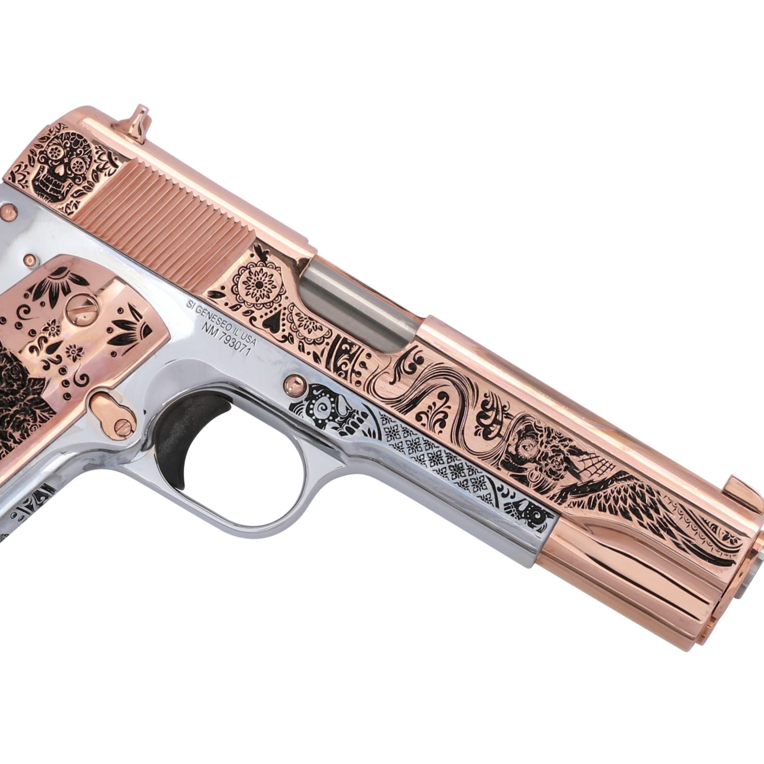 Springfield 1911 Mil-Spec .45 ACP Catrina 18 karat Rose Gold Pistol, SKU: 6966549938278, 18 karat  Rose gold gun, 18 Karat Gold Firearm, California compliant handguns