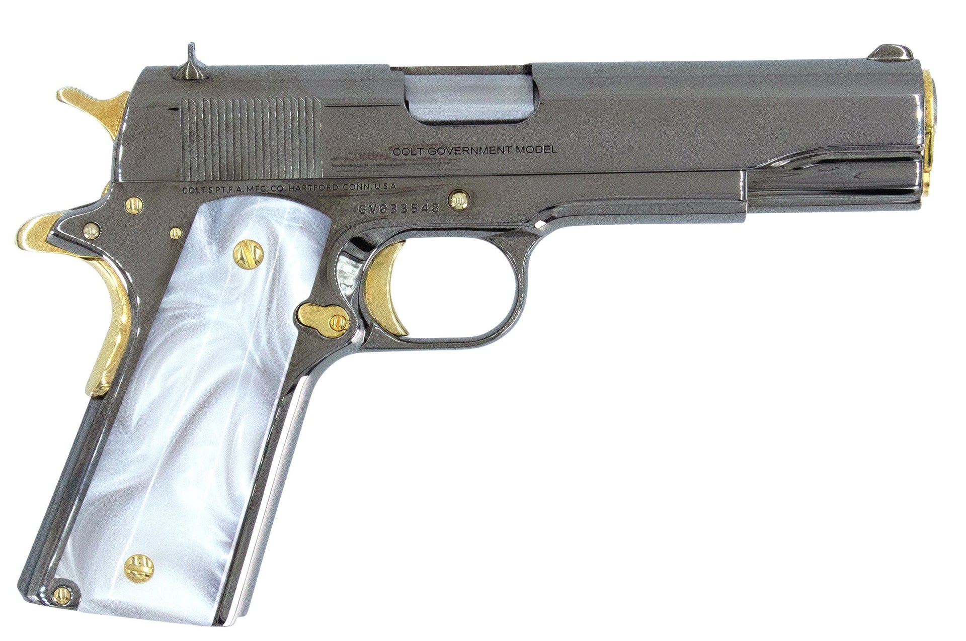 COLT Pistol COLT 1911 Government, 38 Super, Mirror Finish Black Chrome Plated with 24K Gold Plated Accents