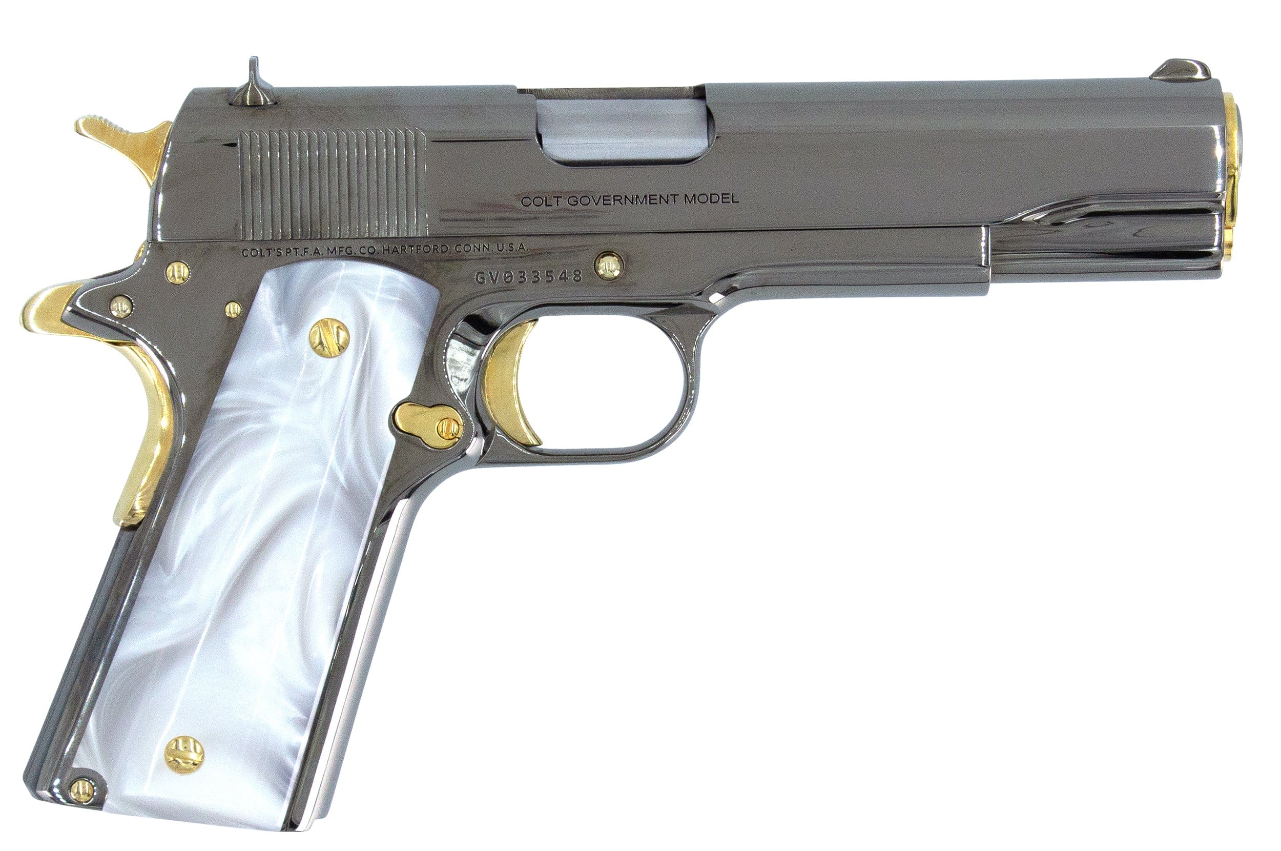 COLT Pistol COLT 1911 Government, 38 Super, Mirror Finish Black Chrome Plated with 24K Gold Plated Accents