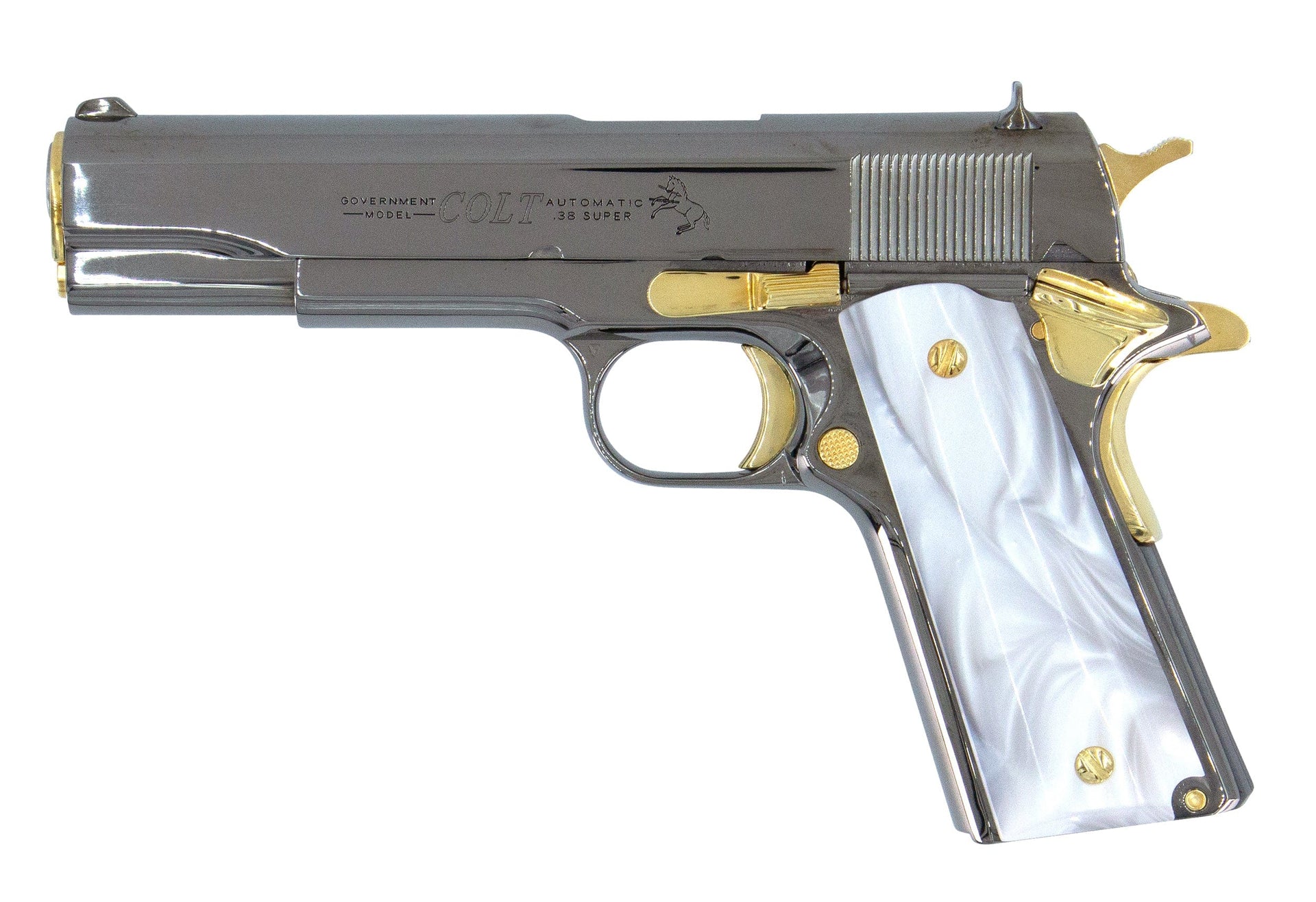 COLT Pistol COLT 1911 Government, 38 Super, Mirror Finish Black Chrome Plated with 24K Gold Plated Accents