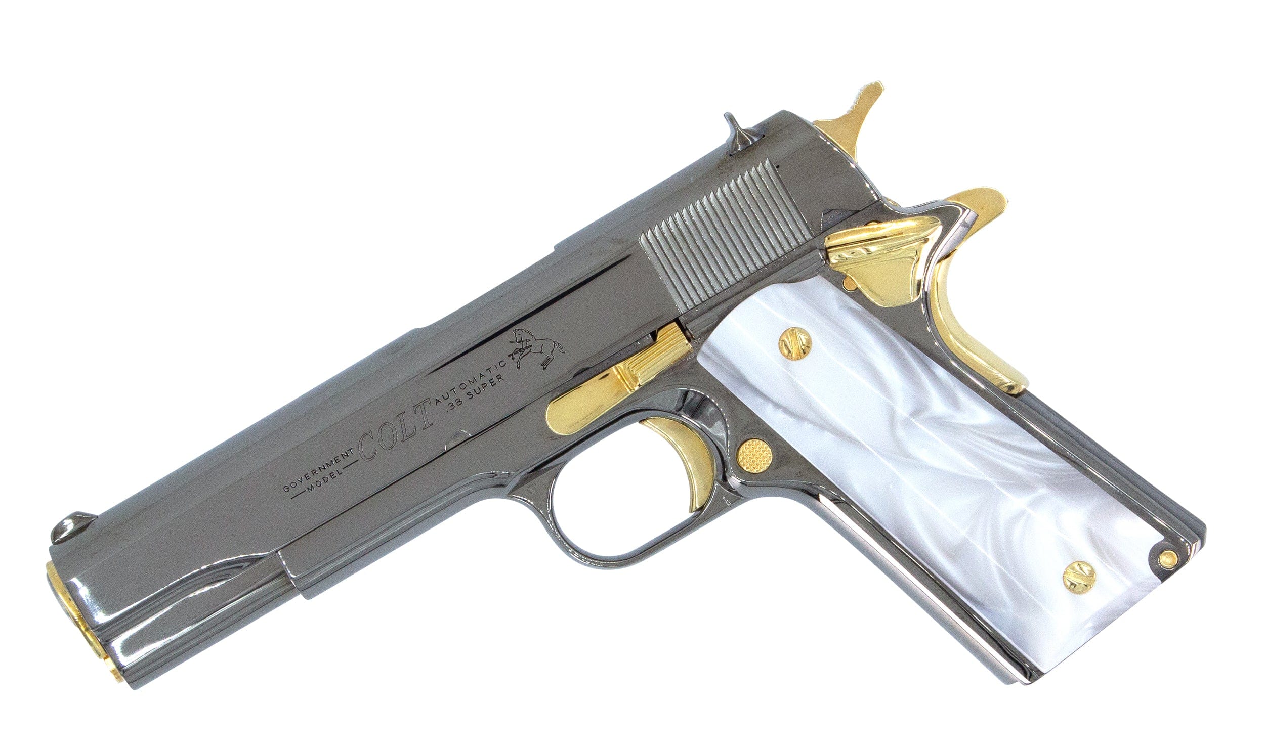 COLT Pistol COLT 1911 Government, 38 Super, Mirror Finish Black Chrome Plated with 24K Gold Plated Accents
