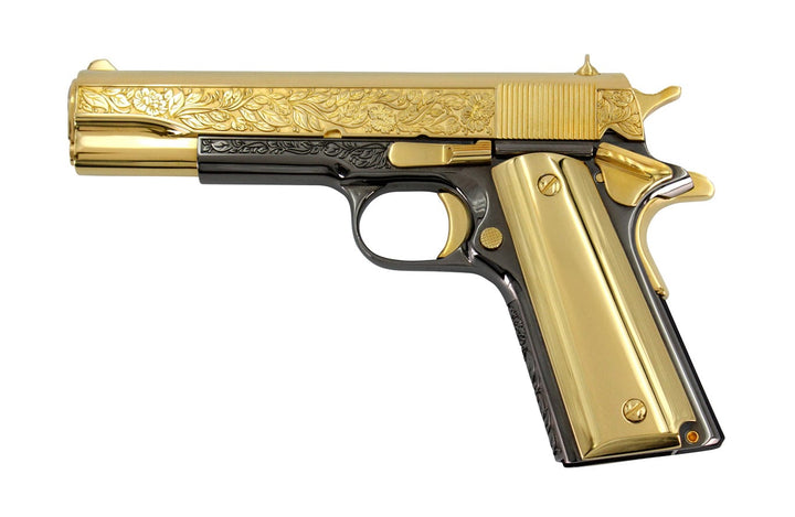 COLT Pistol COLT 1911 Government, 45ACP, Flower & Leaf Design, 24K Gold Plated Slide & Accents with a Black Chrome Finish