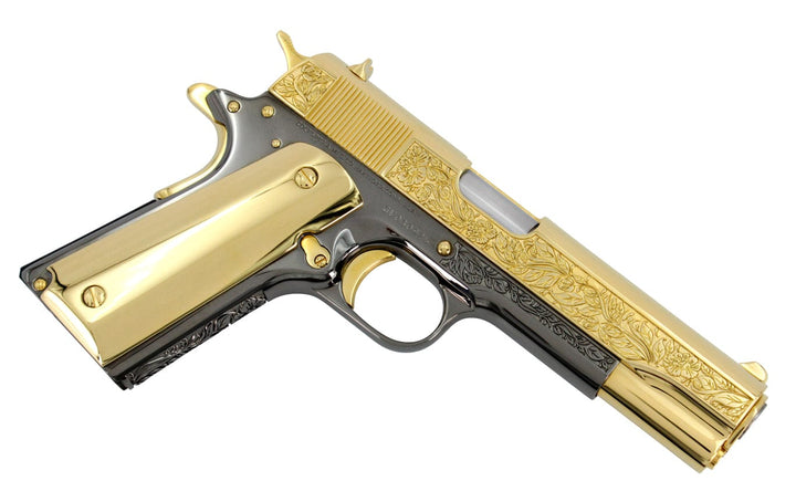 COLT Pistol COLT 1911 Government, 45ACP, Flower & Leaf Design, 24K Gold Plated Slide & Accents with a Black Chrome Finish