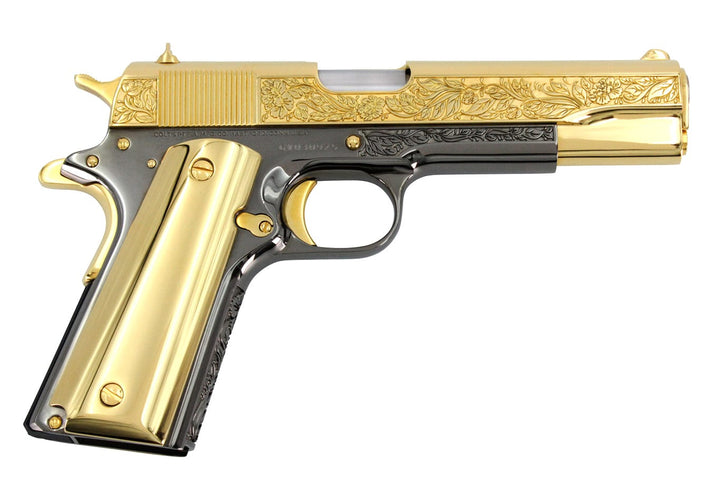 COLT Pistol COLT 1911 Government, 45ACP, Flower & Leaf Design, 24K Gold Plated Slide & Accents with a Black Chrome Finish