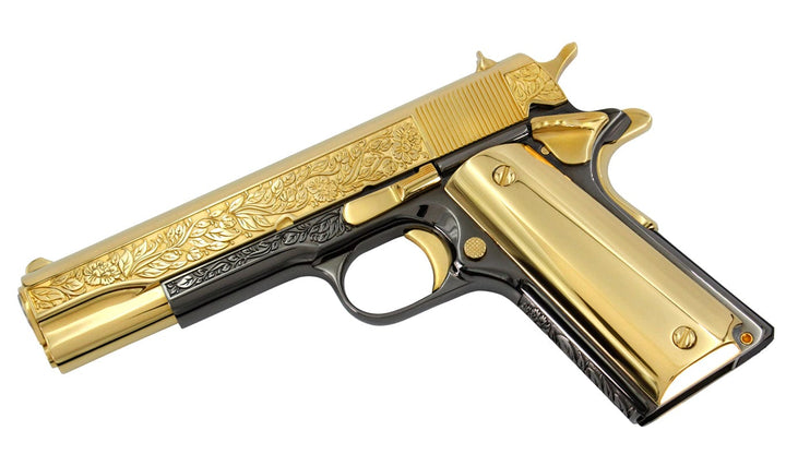COLT Pistol COLT 1911 Government, 45ACP, Flower & Leaf Design, 24K Gold Plated Slide & Accents with a Black Chrome Finish