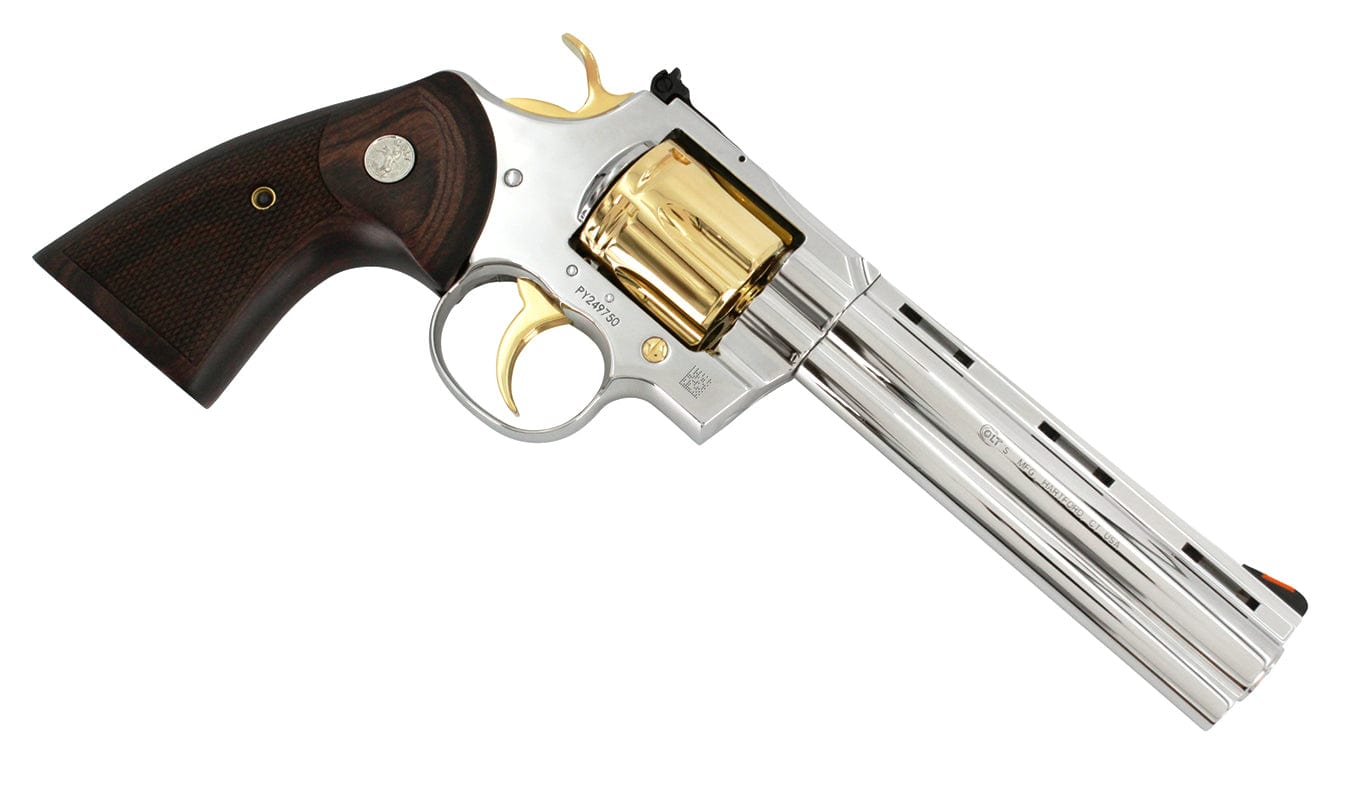 Colt Python, 6", .357 Magnum, High Polished Stainless Steel with 24 karat Gold Accents SKU: 6705468604518, Gold Gun, gold firearm, Gold Revolver