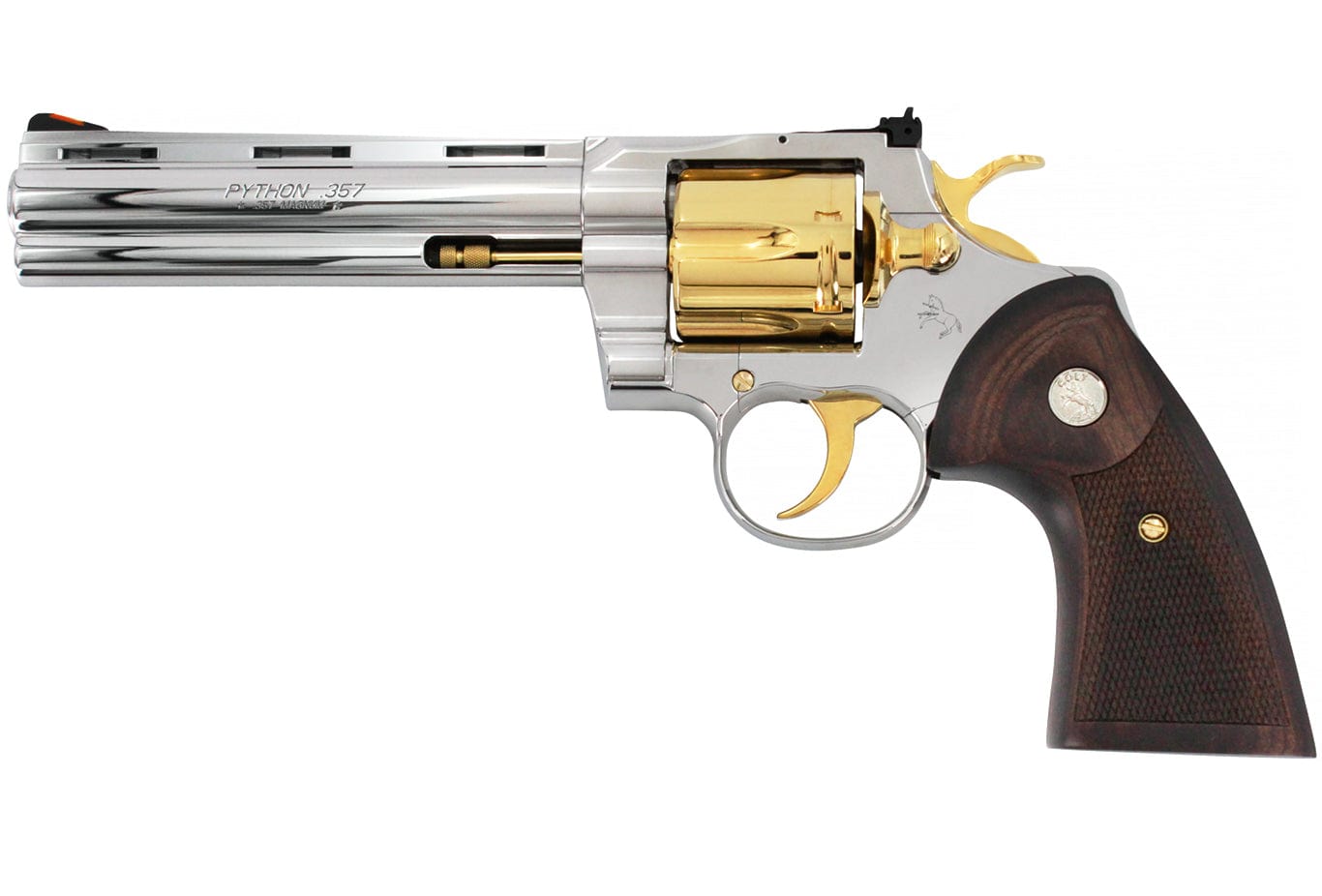 Colt Python, 6", .357 Magnum, High Polished Stainless Steel with 24 karat Gold Accents SKU: 6705468604518, Gold Gun, gold firearm, Gold Revolver