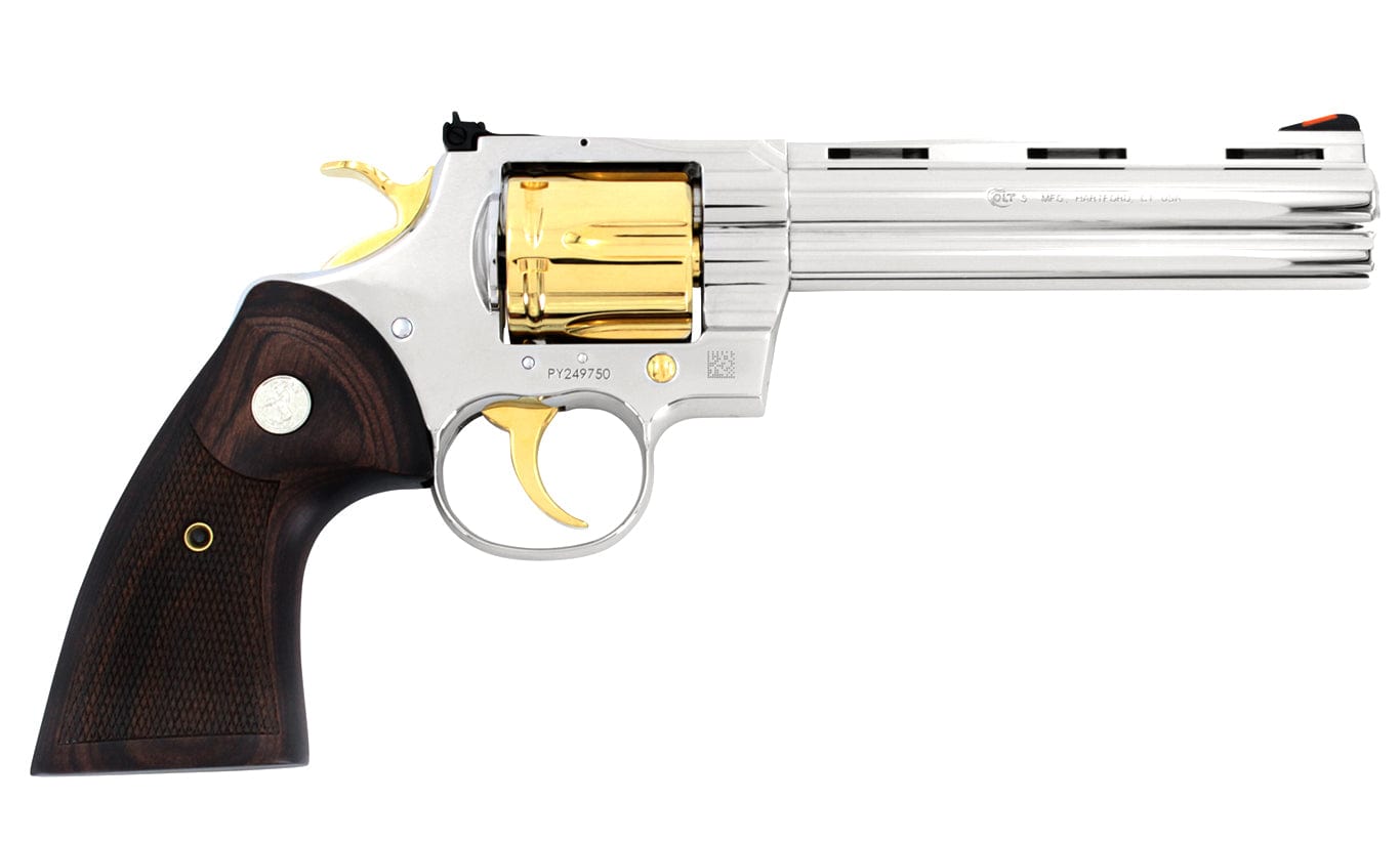 Colt Python, 6", .357 Magnum, High Polished Stainless Steel with 24 karat Gold Accents SKU: 6705468604518, Gold Gun, gold firearm, Gold Revolver