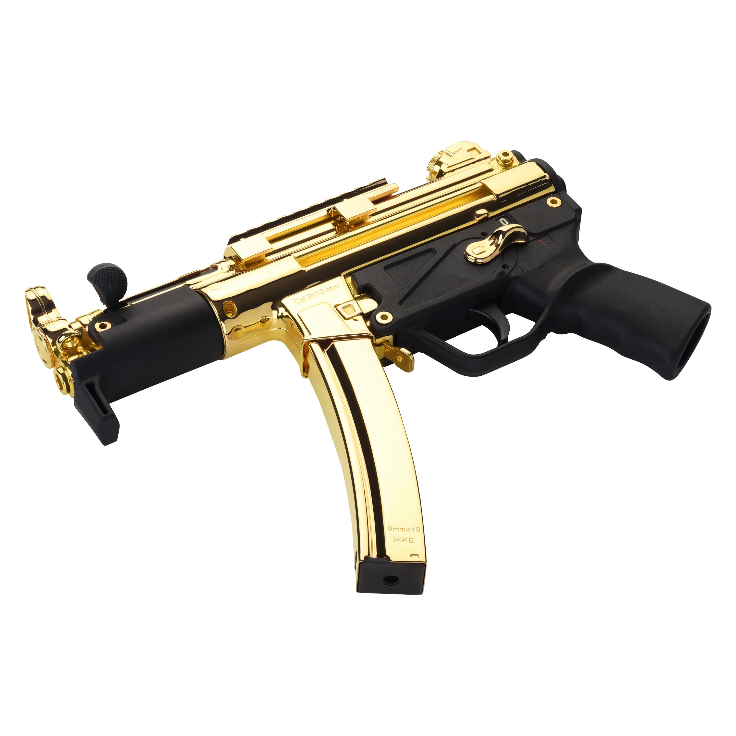 Century Arms AP5-P Core 9mm pistol with 30-round magazine inserted, showing black furniture and gold plated frame contrast.