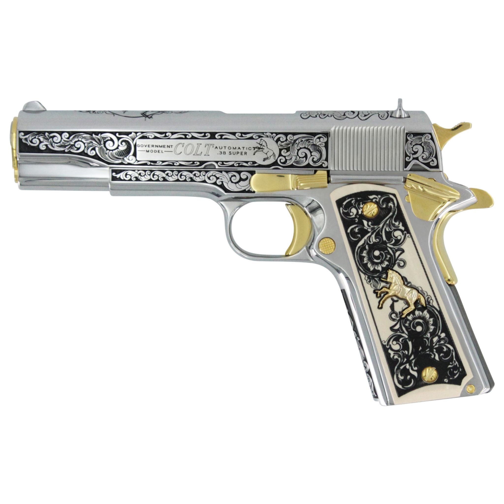 Colt 1911 Government, 38 Super, Scroll Design With Diamonds, High Polish Stainless Steel  With 24 karat Gold Accents, 4976533012582,  24K Gold Firearms