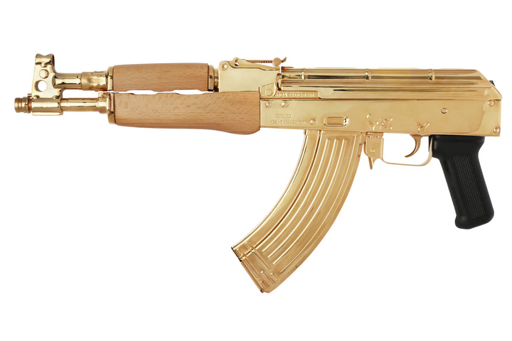 24K Gold Plated Century Arms Draco, high polished to a mirror finish. The Century Arms Draco wraps the AK style into the pistol format. Chambered in 7.62x39mm this semi-automatic pistol has a 12" barrel. While it comes standard with a 30-round magazine the Century Arms Draco is compatible with any AK double stack magazine or drum. The barrel includes an integral front sight and gas tube. SKU: 7783559135334 MFG MODEL NO: HG1916N UPC: 787450044357 DESCRIPTION: Century Arms HG1916N BRAND: Century Arms MODEL: D