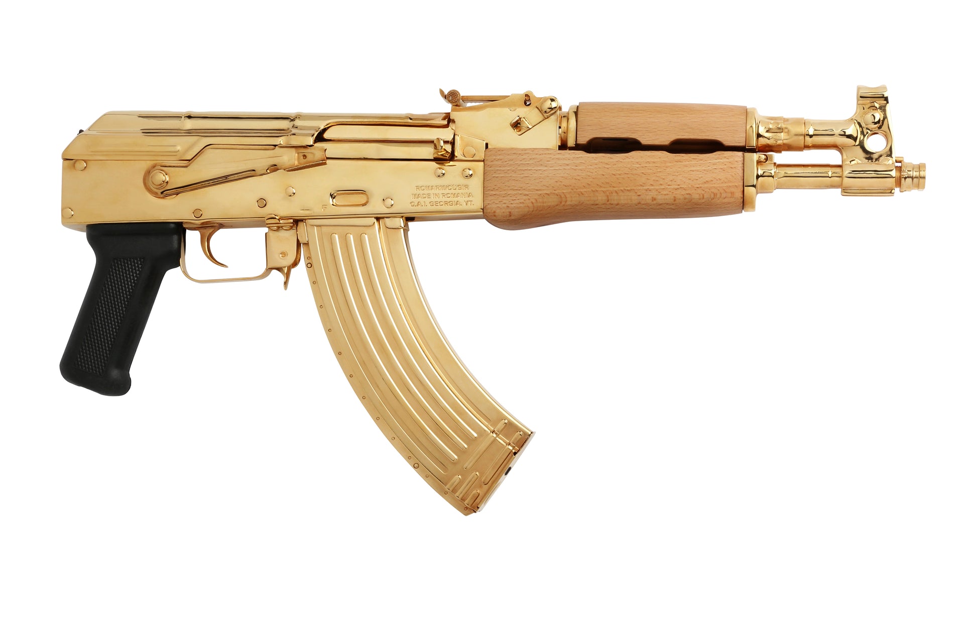 24K Gold Plated Century Arms Draco, high polished to a mirror finish. The Century Arms Draco wraps the AK style into the pistol format. Chambered in 7.62x39mm this semi-automatic pistol has a 12" barrel. While it comes standard with a 30-round magazine the Century Arms Draco is compatible with any AK double stack magazine or drum. The barrel includes an integral front sight and gas tube. SKU: 7783559135334 MFG MODEL NO: HG1916N UPC: 787450044357 DESCRIPTION: Century Arms HG1916N BRAND: Century Arms MODEL: D