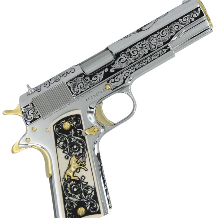 Colt 1911 Government, 38 Super, Scroll Design With Diamonds, High Polish Stainless Steel  With 24 karat Gold Accents, 4976533012582,  24K Gold Firearms