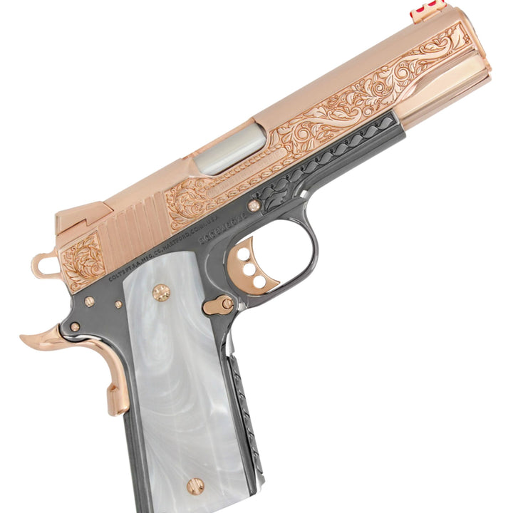 1911 Colt Competition 45 ACP, Scroll Design, 18K Rose Gold Plated & Black Chrome, SKU: 4956477816934