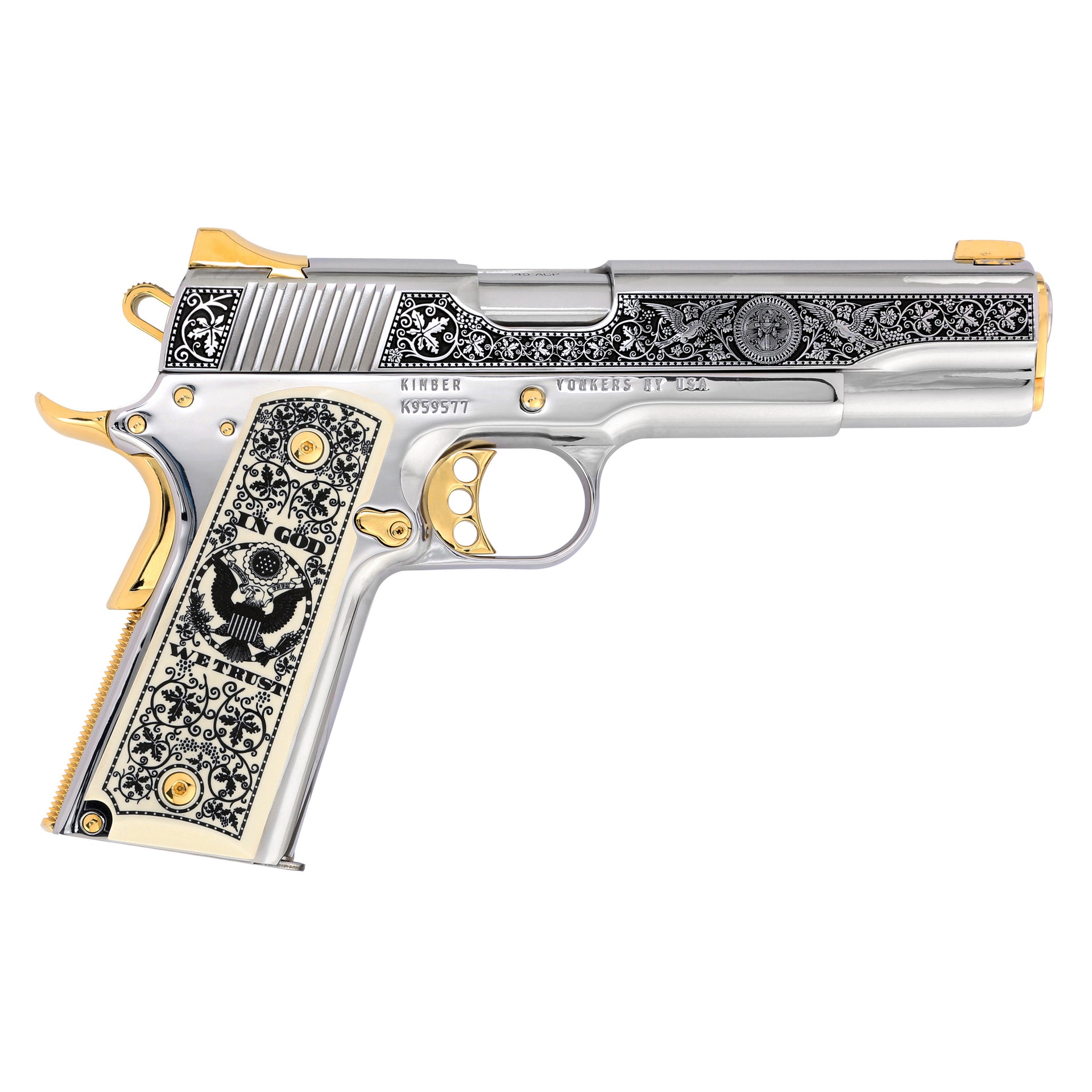 Kimber 1911 Stainless II, 45 ACP, Celestial Vines, High Polished Stainless Steel with 24 Karat Gold Accents