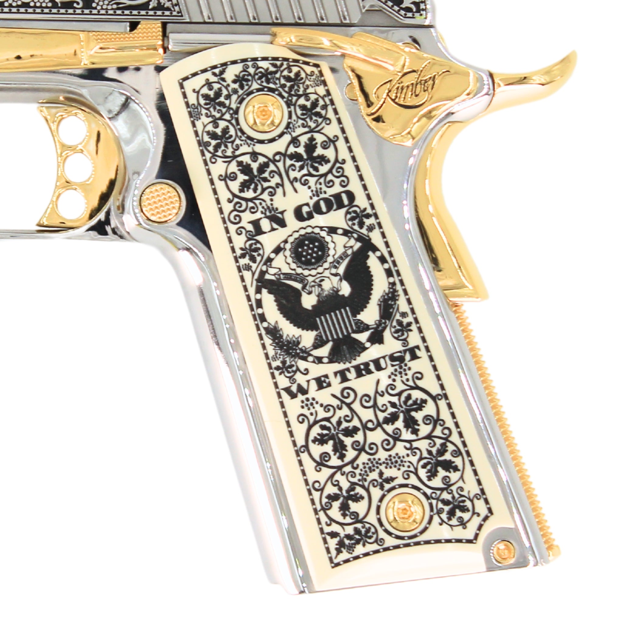Custom Grips in pearl finish with engraving by Seattle Engraving Center