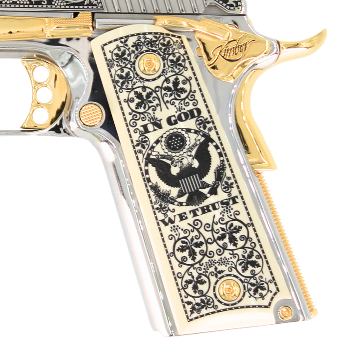 Custom Grips in pearl finish with engraving by Seattle Engraving Center