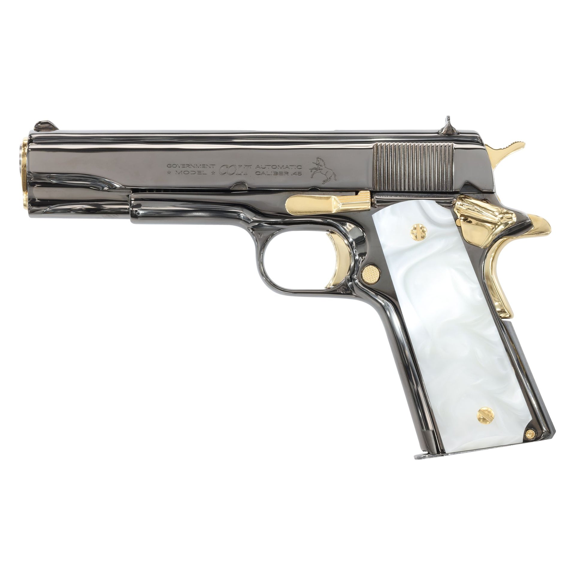 COLT 1911 Government, 45ACP, Mirror Finish Black Chrome with 24K Gold Plated Accents, White Pearlized-Polymer Grips