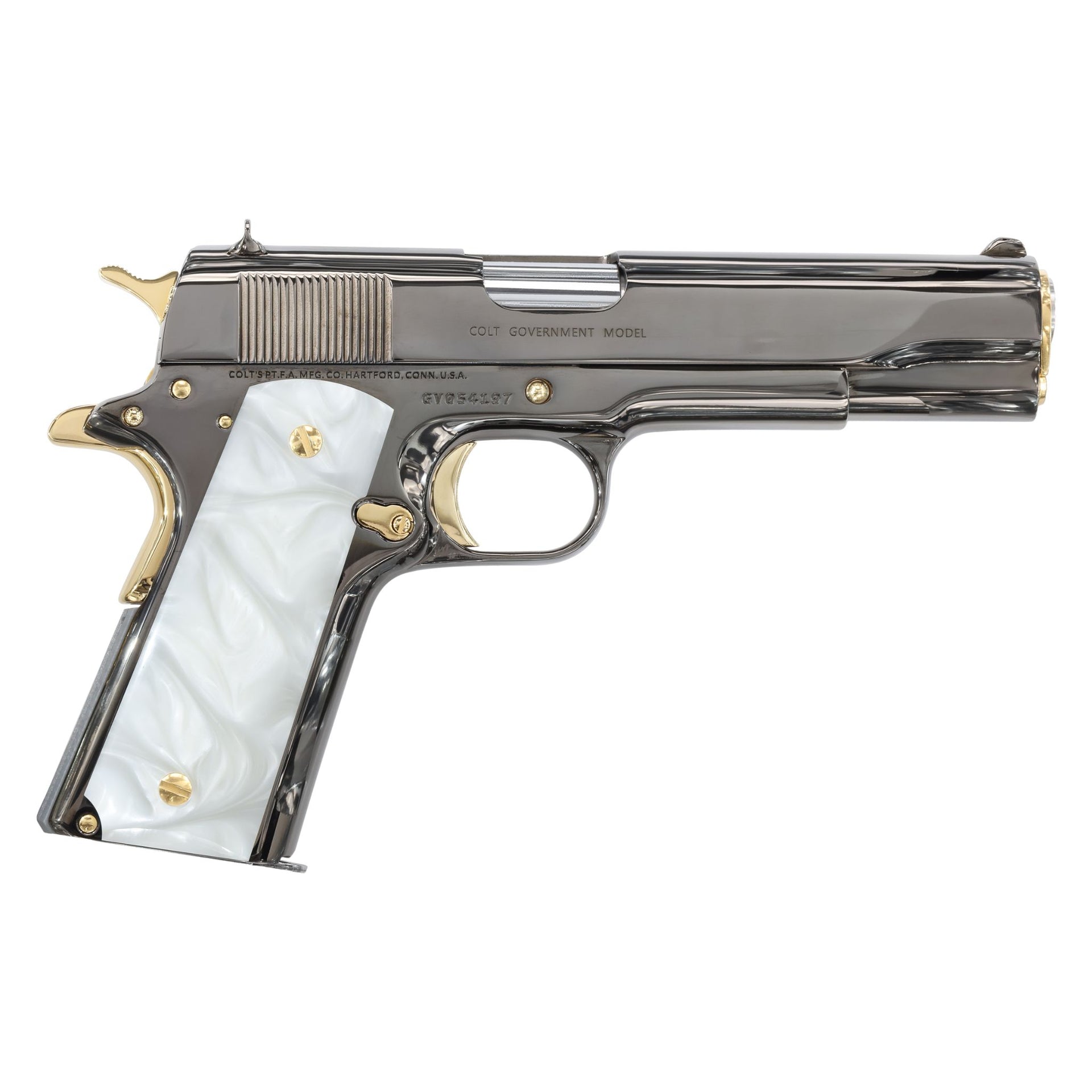 COLT 1911 Government, 45ACP, Mirror Finish Black Chrome with 24K Gold Plated Accents, White Pearlized-Polymer Grips