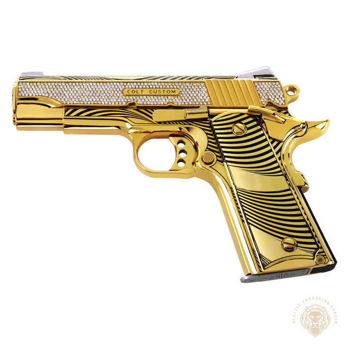 Colt Commander Crown of the Moon pistol in 24K Italian Gold with 23 carats of hand-set VS1 diamonds and midnight porcelain inlay, displayed in high-polish finish-A