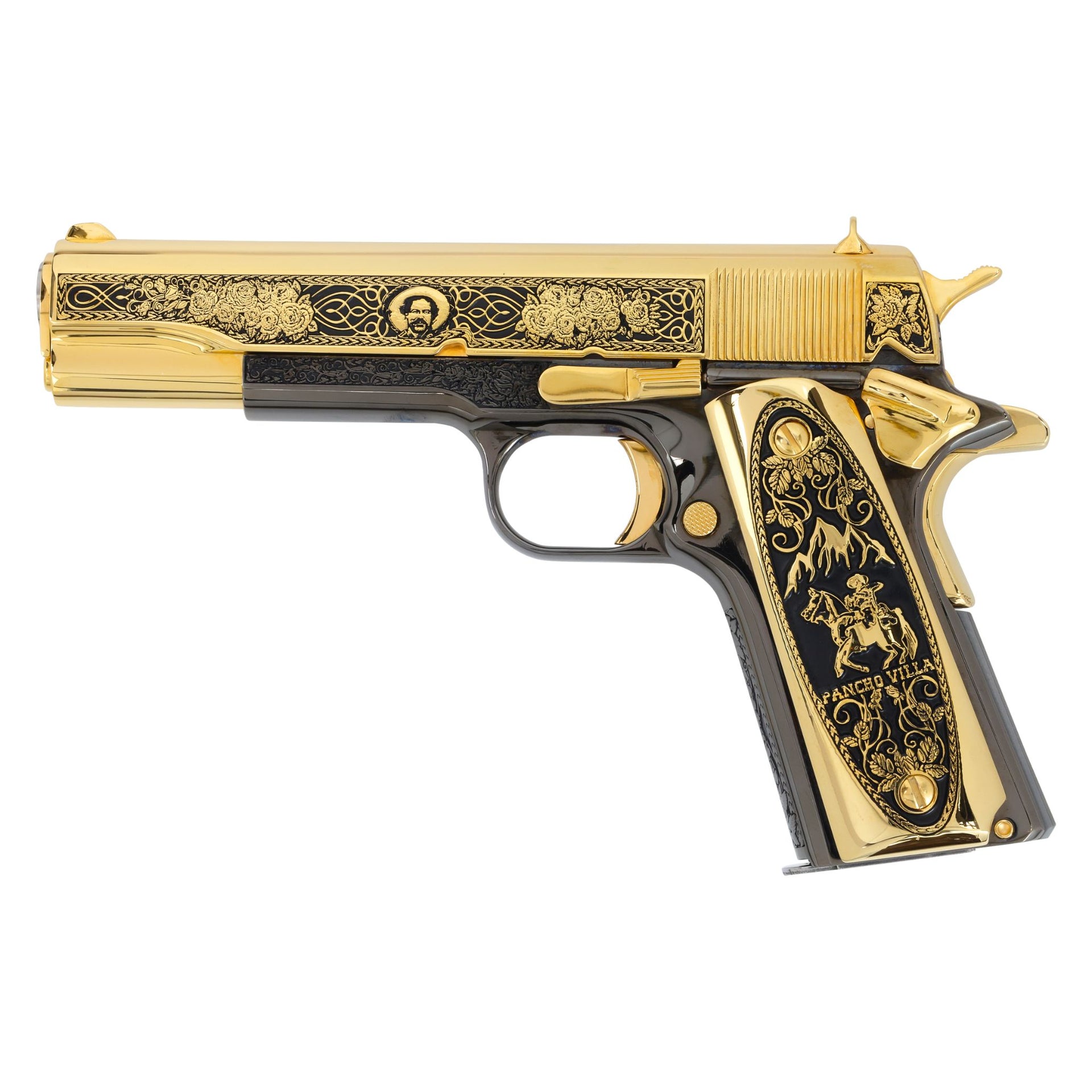 Colt 1911 Government .45 ACP Pancho Villa 24K Gold Plated and Engraved, Black Chrome Frame