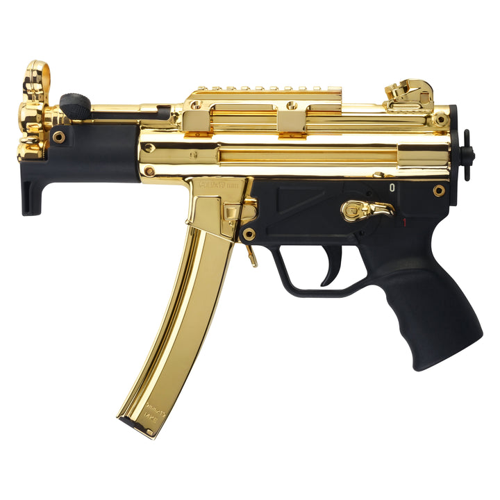 Century Arms AP5-P Core 24K gold plated 9mm pistol displayed in full right-side profile with roller-delayed blow back design and black furniture.