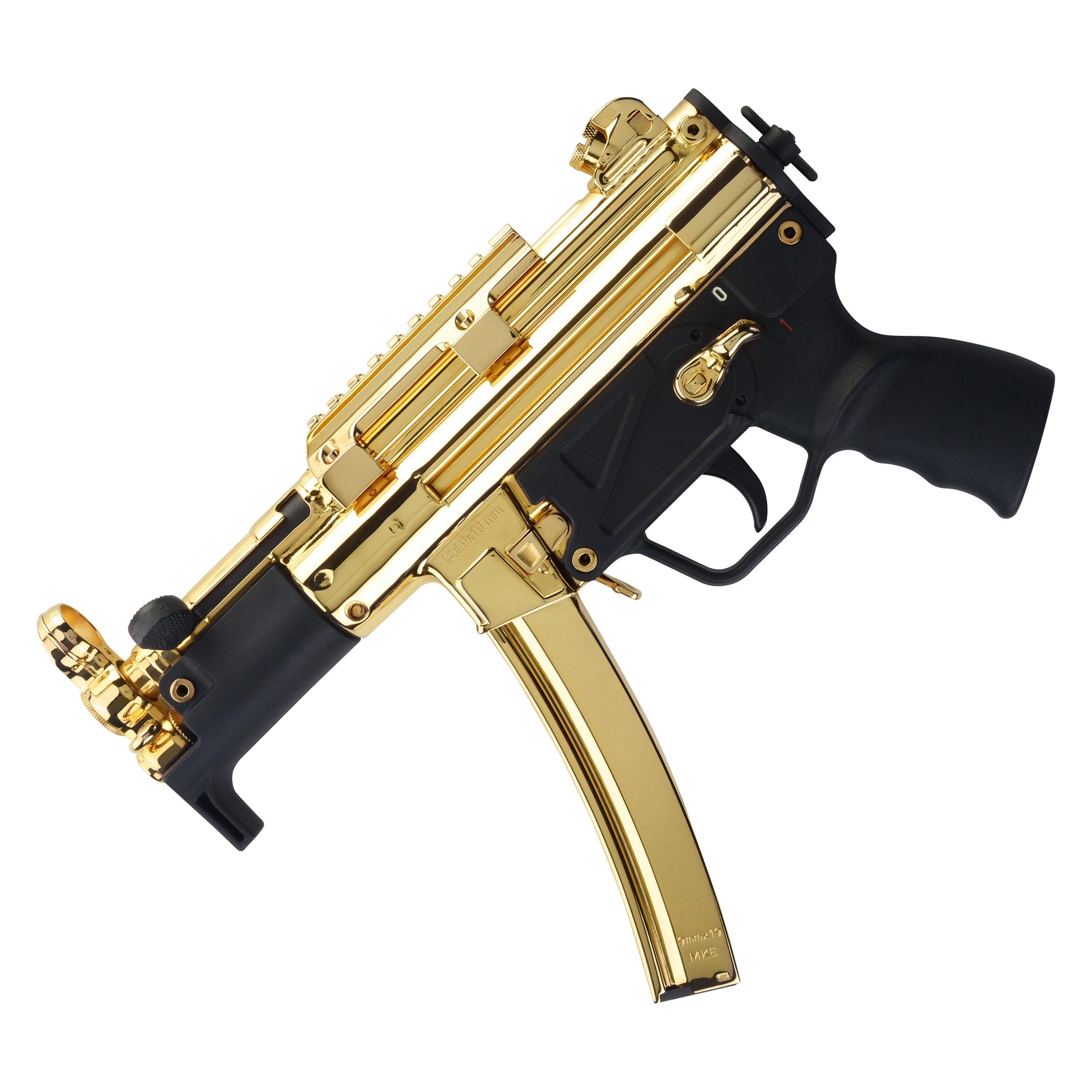 Angled presentation view of the Century Arms AP5-P Core 24K gold plated 9mm pistol highlighting finish and compact profile.