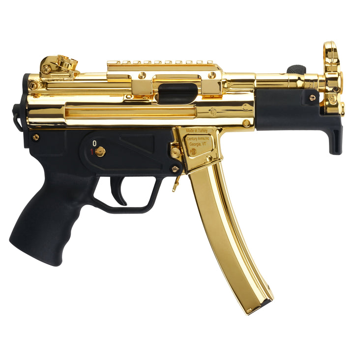 Century Arms AP5-P Core 9mm pistol with 24K gold plated finish and black furniture shown in full left-side profile with 30-round magazine.