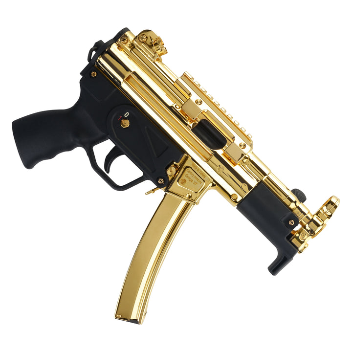 Detail image of the AP5-P Core black furniture, texture pattern, and gold plated frame interface on the 9mm model.