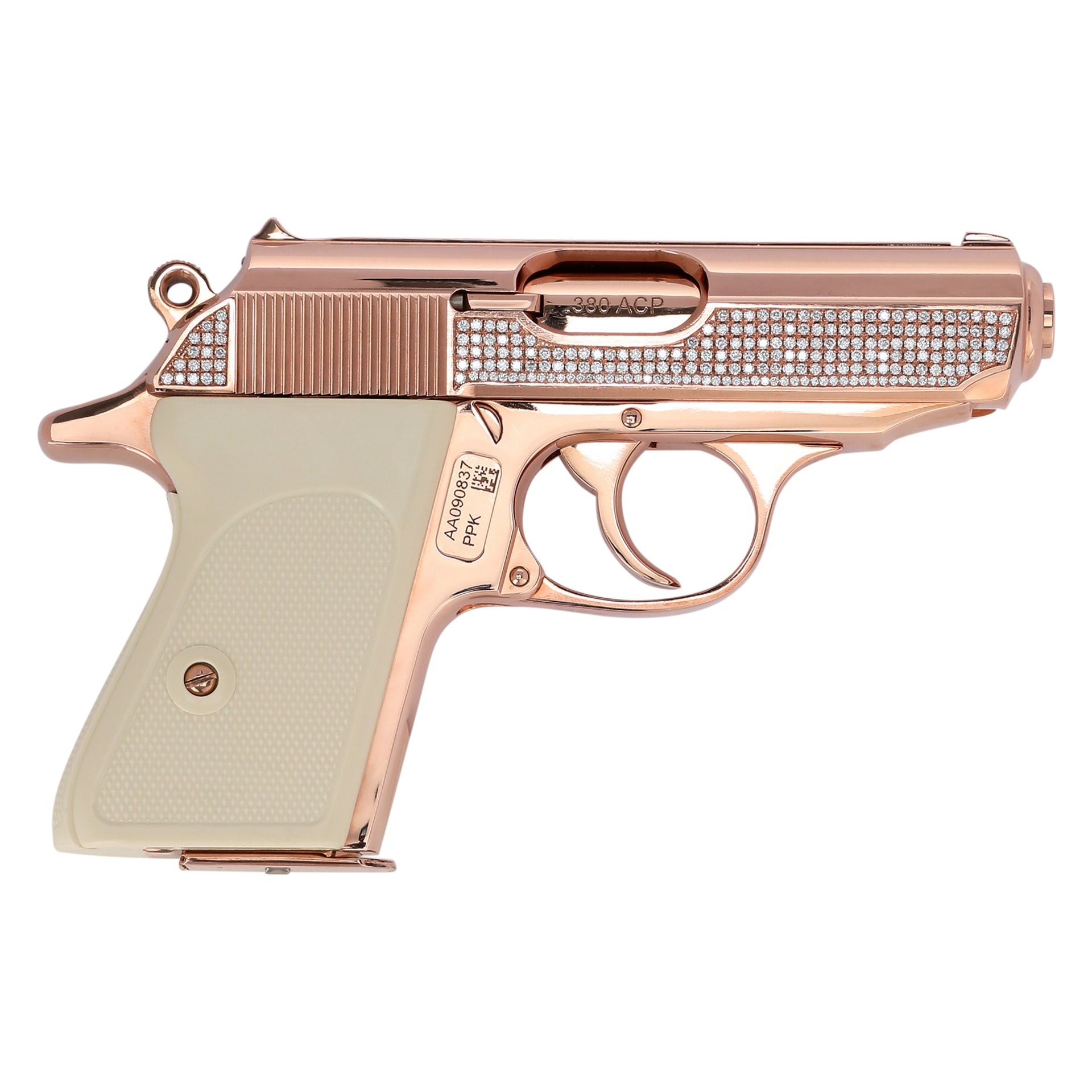 Right-side view of the Walther PPK Oasis Edition featuring 18K Rose Gold finish and 15 carats of hand-set VS1 diamonds along the slide,UPC # 723364209932