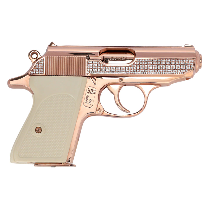 Right-side view of the Walther PPK Oasis Edition featuring 18K Rose Gold finish and 15 carats of hand-set VS1 diamonds along the slide,UPC # 723364209932