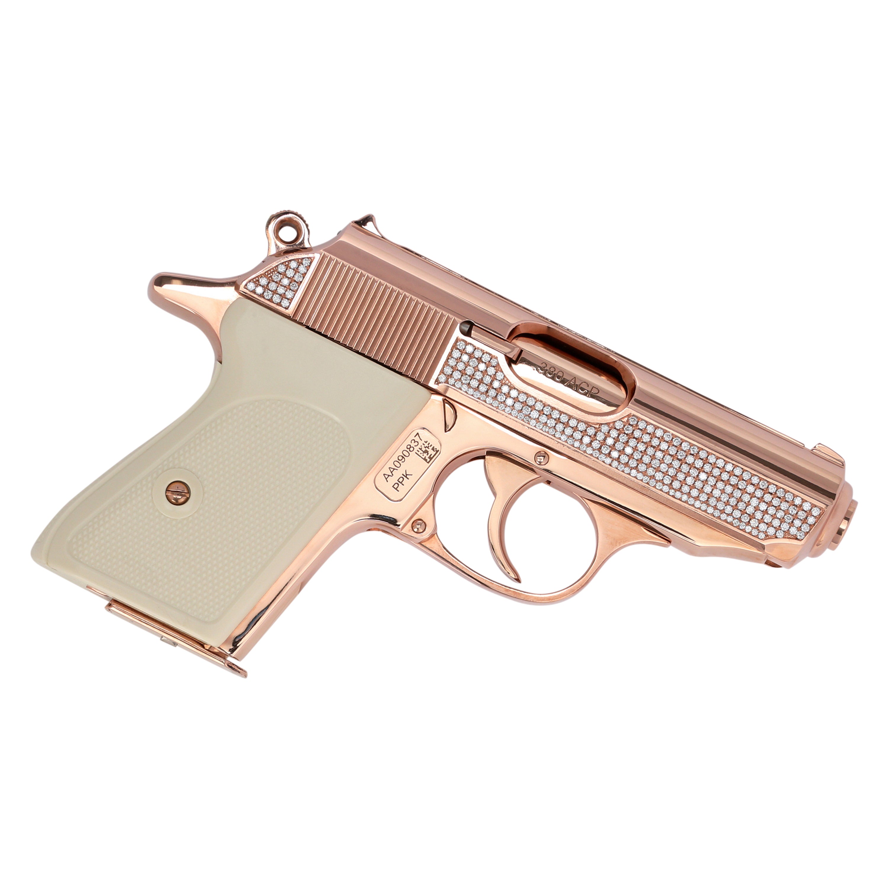Angled presentation of the Walther PPK Oasis Edition highlighting 18K Rose Gold finish and diamond-set slide,UPC # 723364209932