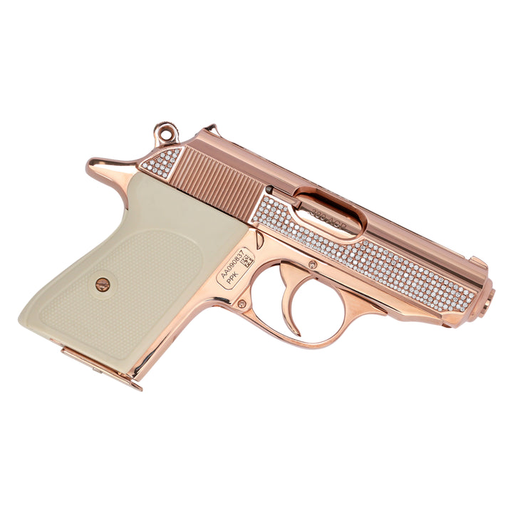 Angled presentation of the Walther PPK Oasis Edition highlighting 18K Rose Gold finish and diamond-set slide,UPC # 723364209932