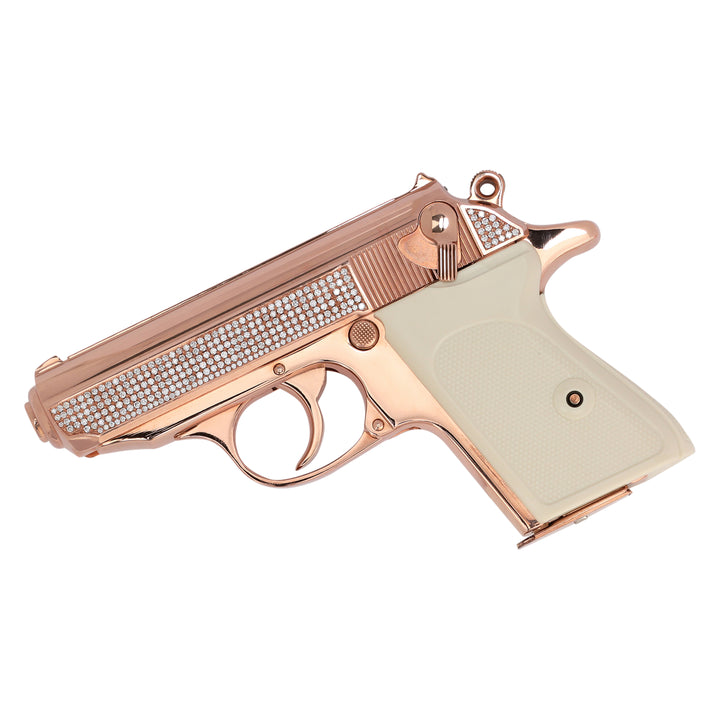 Angled presentation of the Walther PPK Oasis Edition highlighting 18K Rose Gold finish and diamond-set slide,UPC # 723364209932