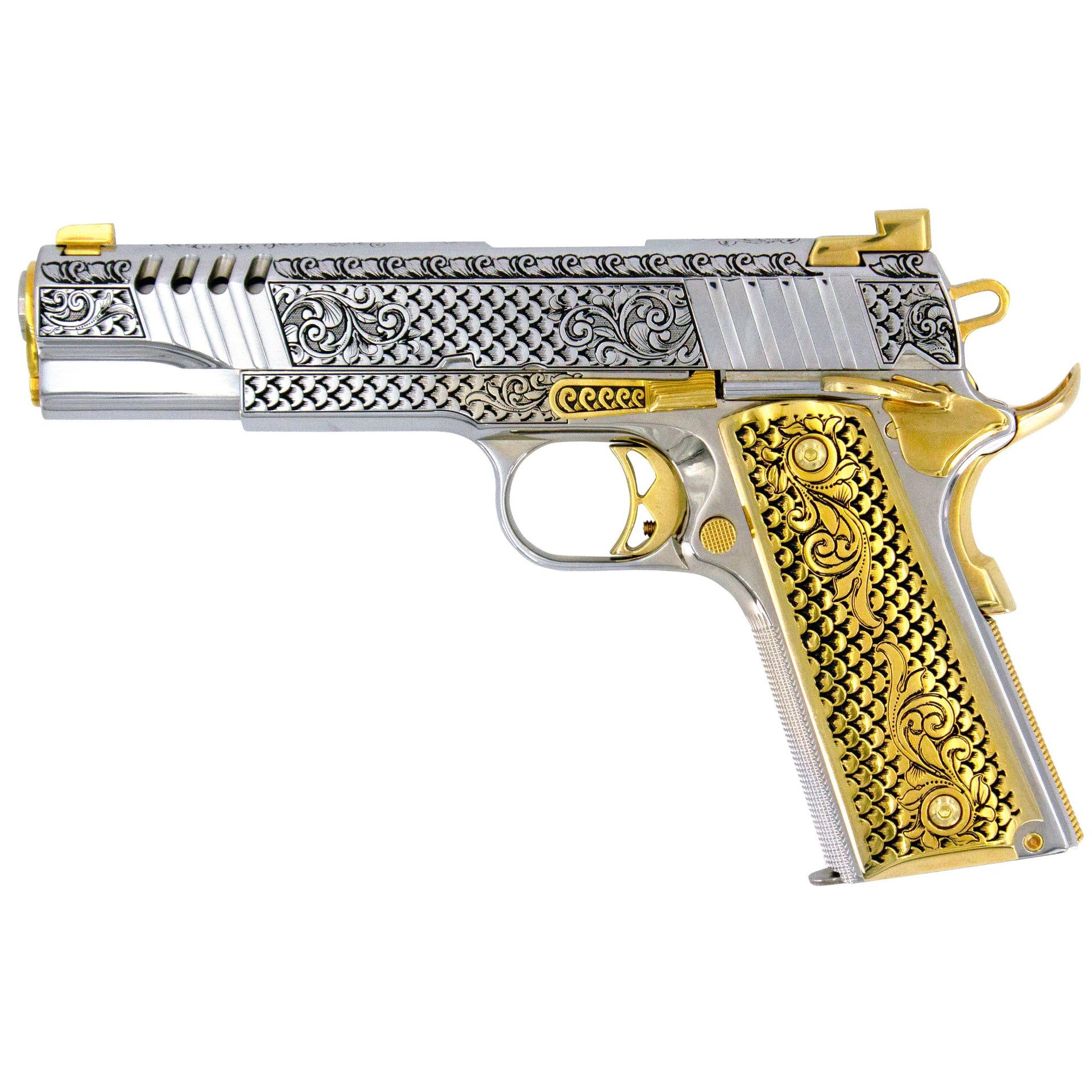 Auto Ordnance 1911, 45 ACP, Engraved In High Polish White Chrome, with 24 karat Gold Plated Accents, SKU: 7010467643494, Gold Gun, Gold Firearm,
